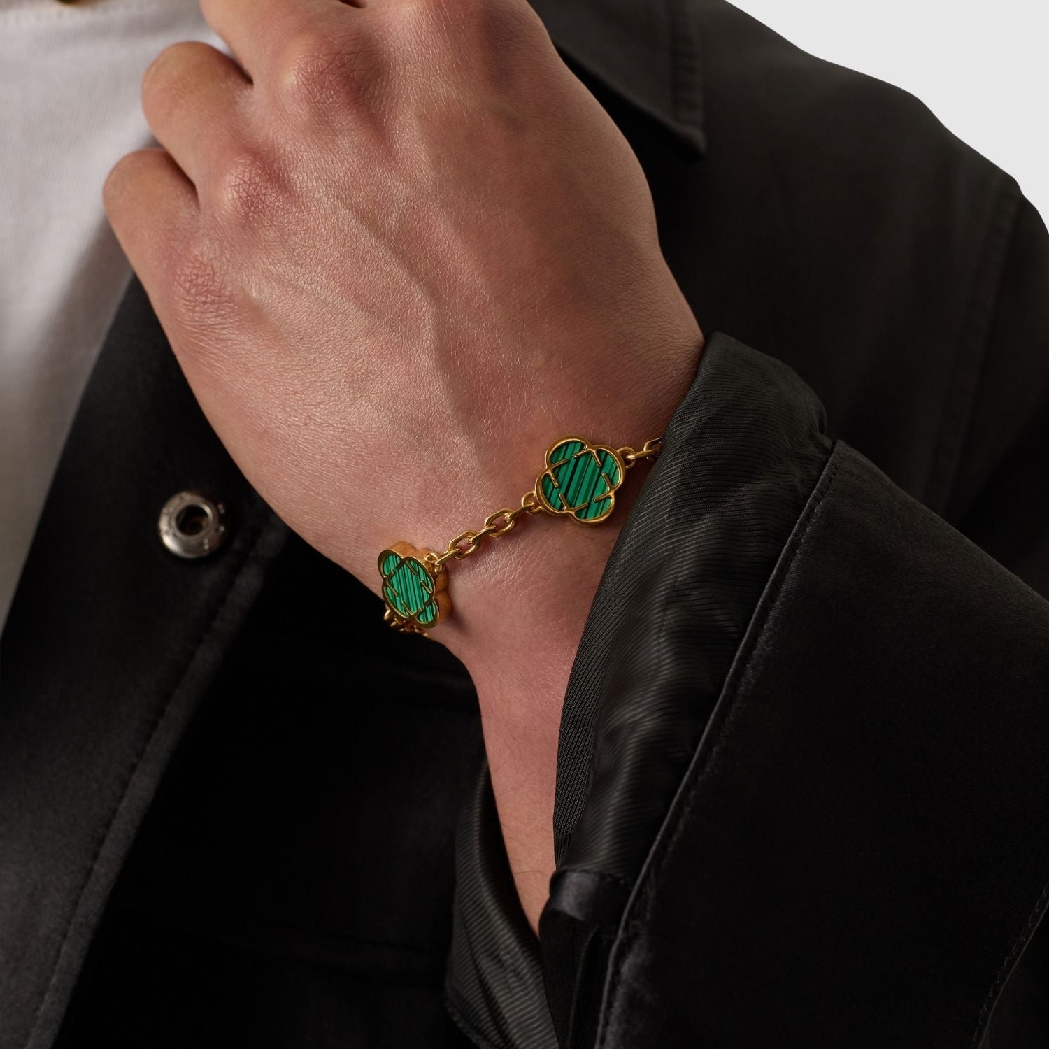 Malachite Clover Stone Bracelet (Gold)