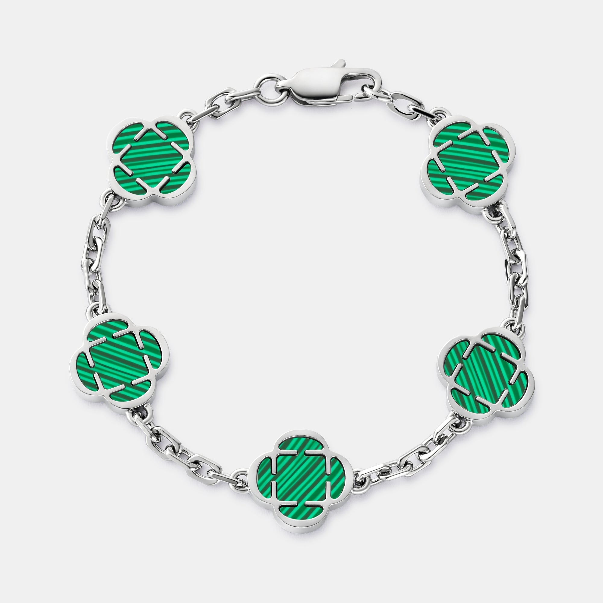 Malachite Clover Stone Bracelet (Silver)