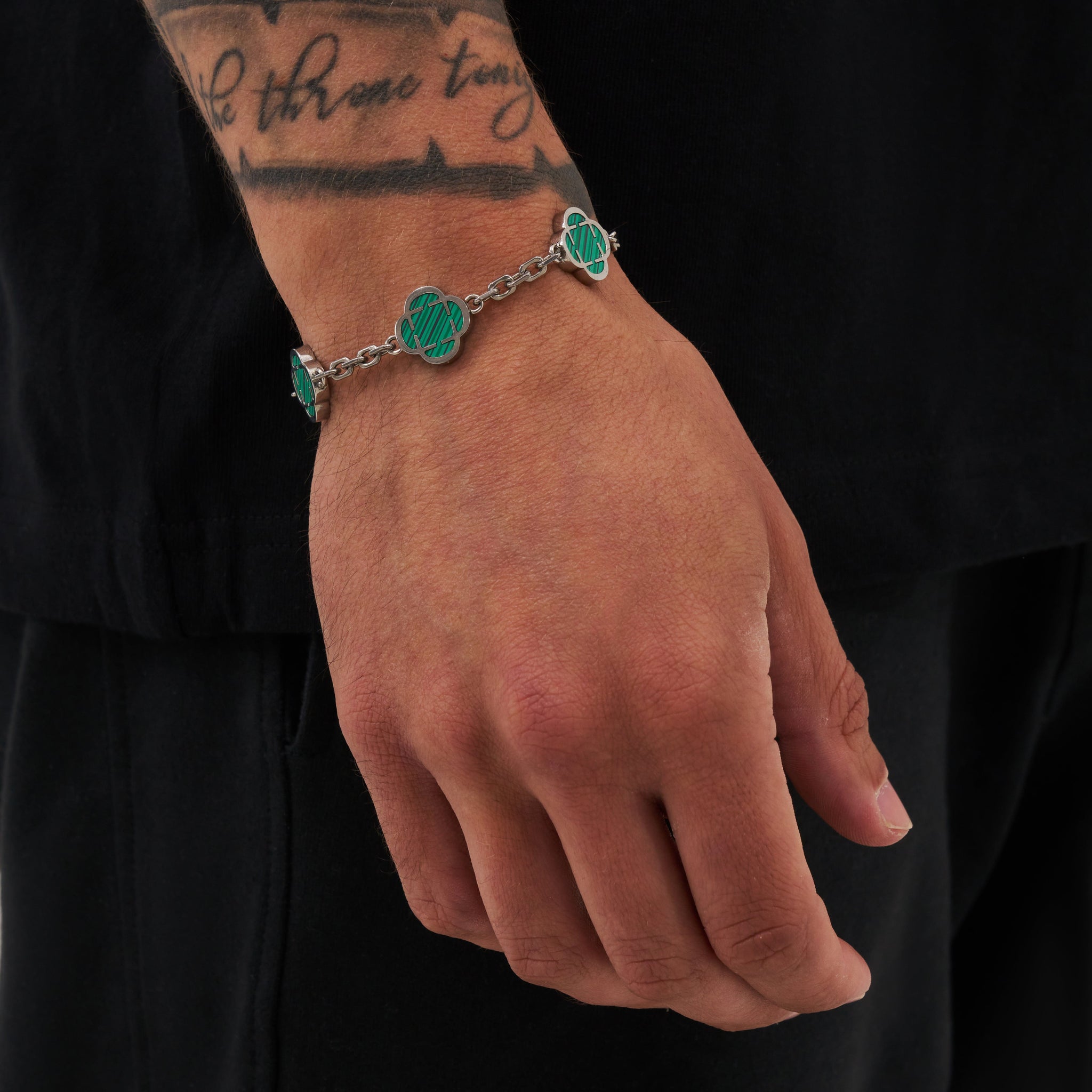 Malachite Clover Stone Bracelet (Silver)